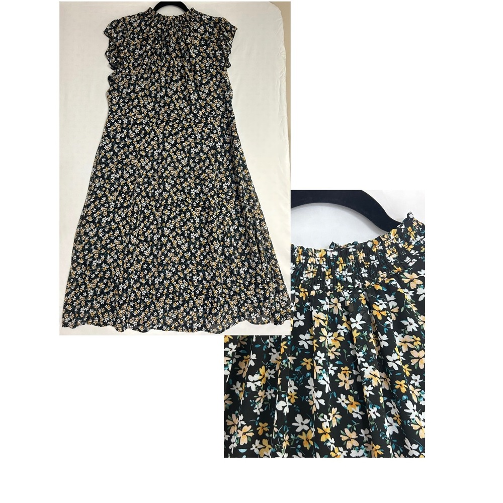 Nina Leonard Floral Mock Neck Ruffle Sleeve Midi Dress Black Yellow XL